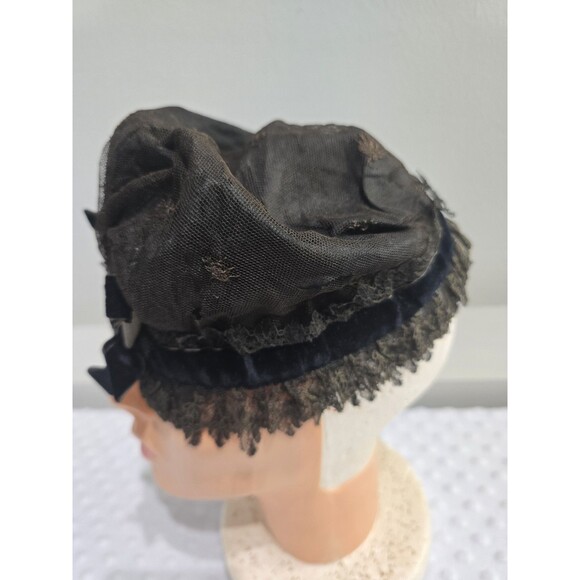 Antique Victorian Mourning Bonnet Hat Black Ribbon Lace Dark Brown Distressed main image 9